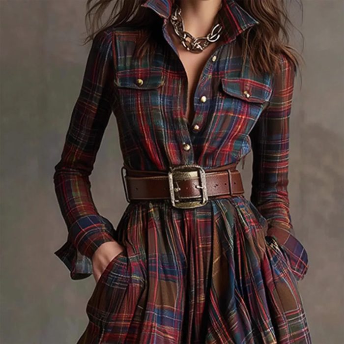 VintagePlaidLongMaxiShirtDress